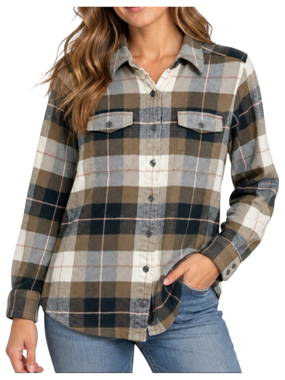 Patagonia Fjord Flannel Shirt Women Size 6 Brown Plaid Organic Cotton Button Up